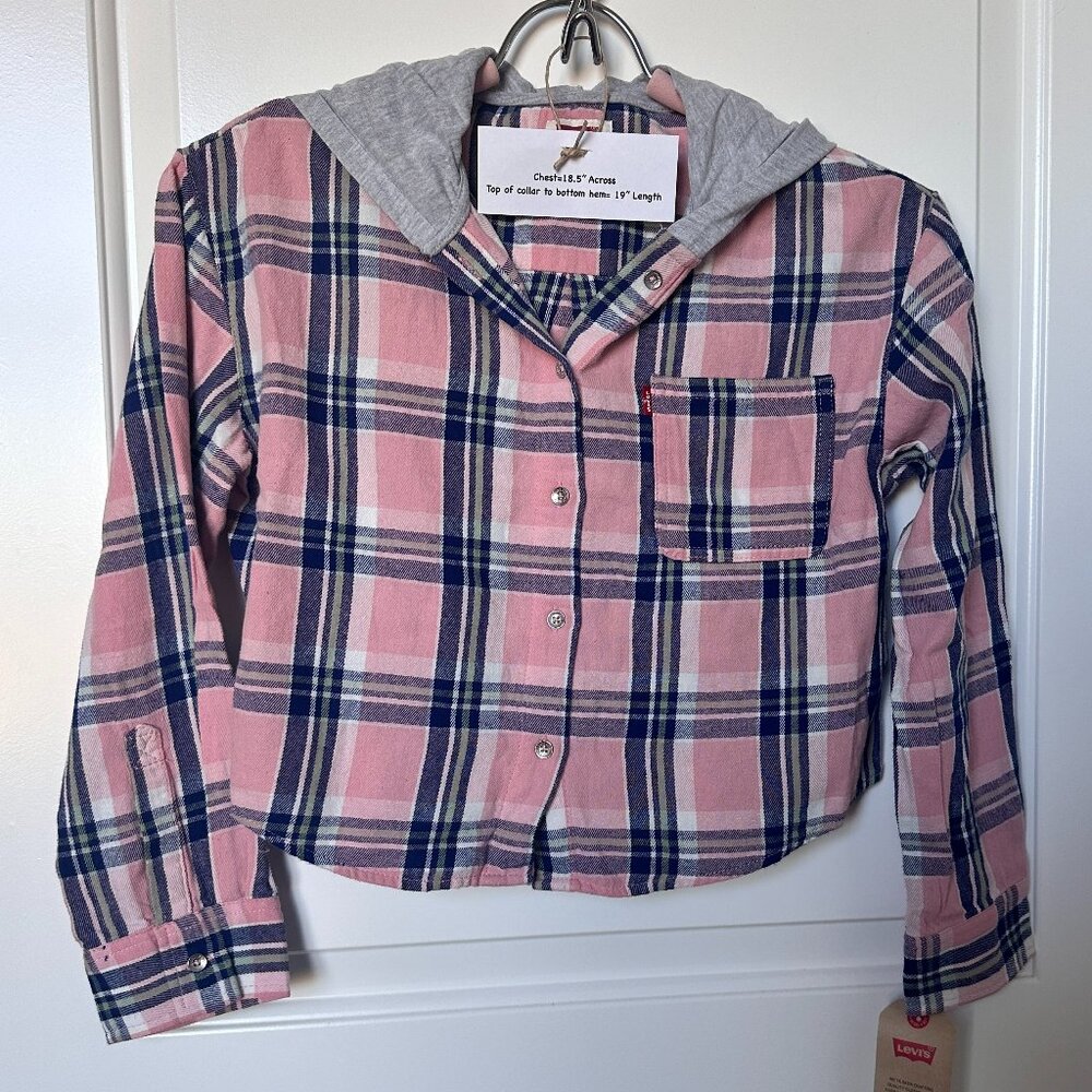 NWT Levi's Girls Size Medium Pink Hooded Long-Sleeve Plaid Button-down Shirt